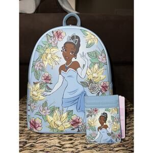 NWT Loungefly Tiana And The Frog Blue Floral Mini Backpack And Card Holder